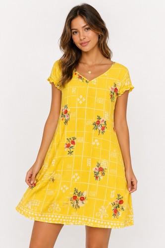 Yellow floral boho dress - boho, size